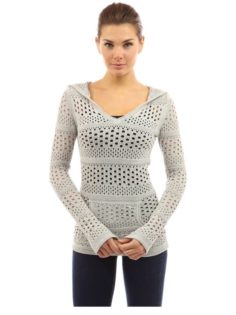 PattyBoutik Light Gray Open Knit V-Neck Hoodie Sweater